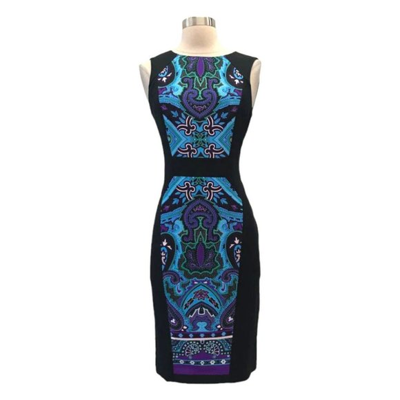 Tube midi dress, Size S, Round neck, Sleeveless, Paisley, Blue & Black, Cache - Picture 2 of 3